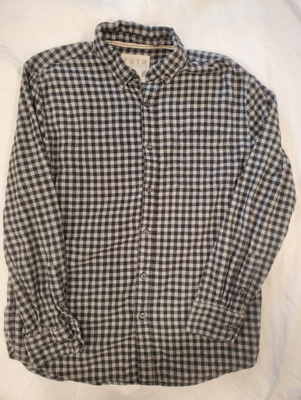 VSTR Premium Mens Flannel Button Up Shirt Large L Check Plaid Grey Black Cotton